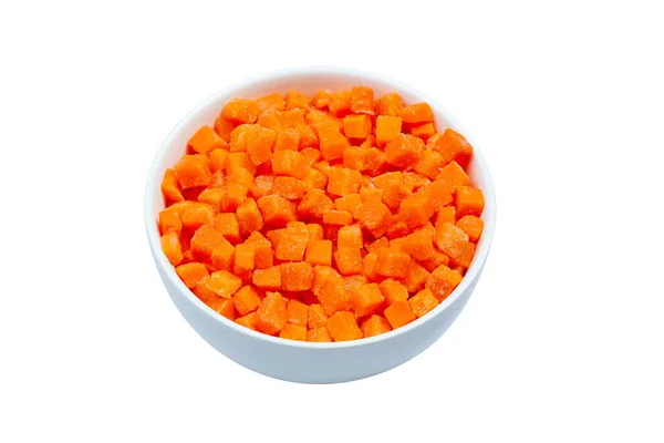 上图是白底碗里的冻胡萝卜，近景 — 图库照片