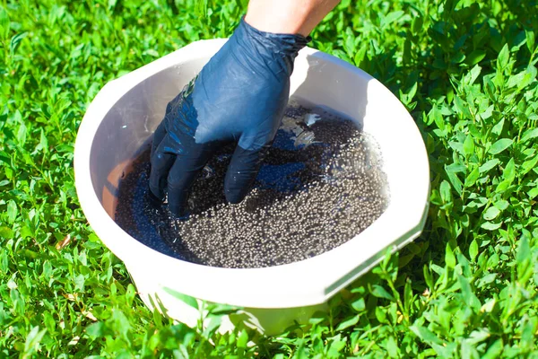 Photo of mans hand touching black caviar extracted from a sturgeon fish farm — Stock Photo, Image