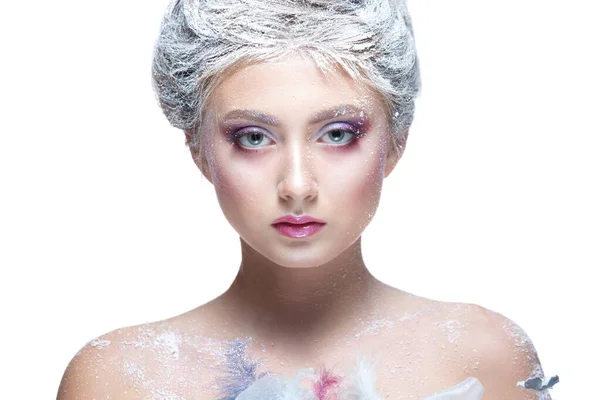 Winter Beauty Woman in clothes made of frozen flowers covered with frost, with snow on her face and shoulders. Christmas Girl Makeup. Make-up the snow Queen. Isolated on a white background. Close-up. — Stock Photo, Image