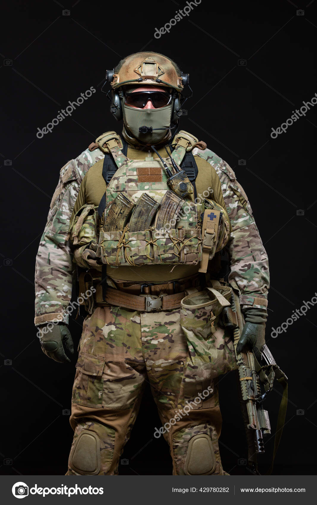 Special forces soldier man in military gear, protective mask