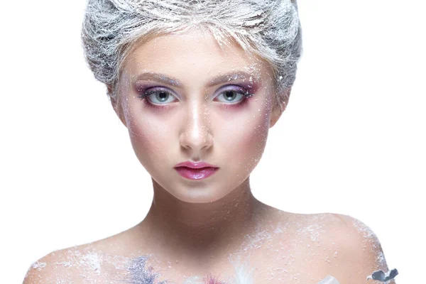 Winter Beauty Woman in clothes made of frozen flowers covered with frost, with snow on her face and shoulders. Christmas Girl Makeup. Make-up the snow Queen. Isolated on a white background. Close-up. — Stock Photo, Image
