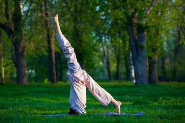 Ağaçlar arka plan ile sabah Yoga uygulamak