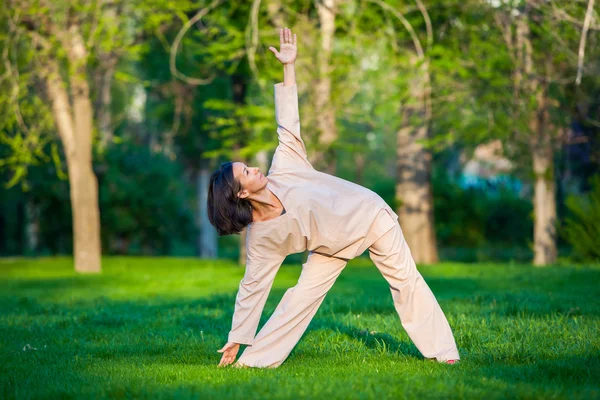 Practicing yoga in the morning, with trees  background — Stock Photo, Image