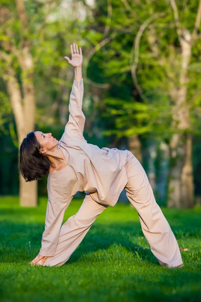 Practicing yoga in the morning, with trees  background — Stock Photo, Image