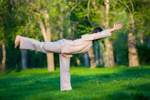 Practicing yoga in the morning, with trees  background — Stock Photo, Image