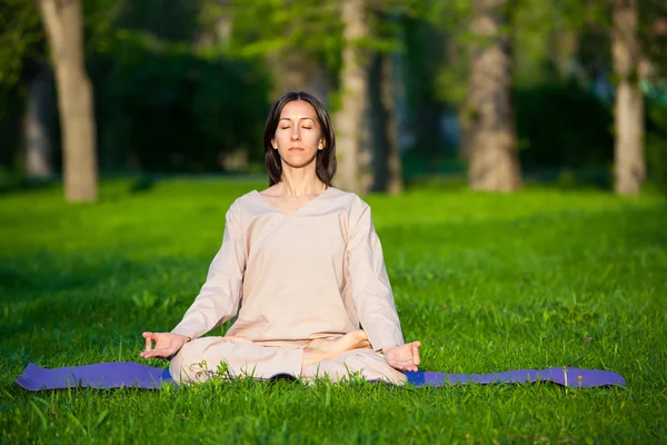 Praticare yoga al mattino, con sfondo alberi — Foto Stock