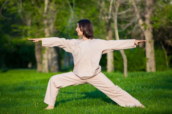 Practicarea yoga dimineața, cu fundal copaci — Fotografie, imagine de stoc