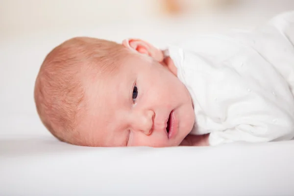 Bebé recién nacido tumbado pacíficamente, sobre un fondo blanco —  Fotos de Stock
