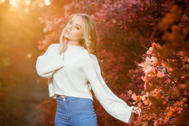 güzel kıvırcık saçlı genç kadın bir arka plan kırmızı ve sarı sonbahar yaprakları