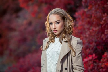 güzel kıvırcık saçlı genç kadın bir arka plan kırmızı ve sarı sonbahar yaprakları