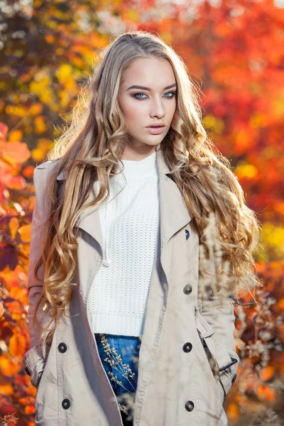 Hermosa joven con el pelo rizado sobre un fondo de hojas de otoño rojas y amarillas — Foto de Stock