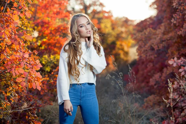 Όμορφη νεαρή γυναίκα με σγουρά μαλλιά με φόντο κόκκινο και κίτρινο το φθινόπωρο αφήνει — Φωτογραφία Αρχείου