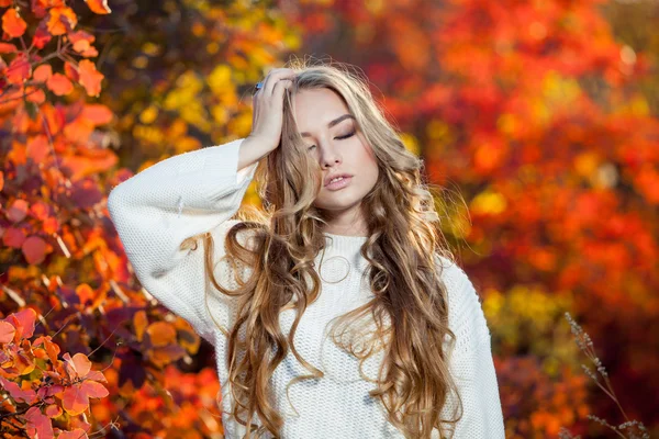 Krásná mladá žena s kudrnatými vlasy na pozadí červené a žluté podzimní listy — Stock fotografie