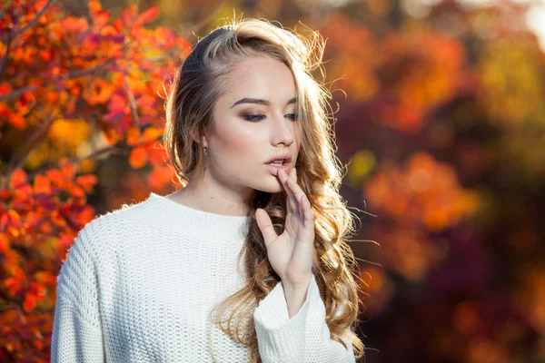 Krásná mladá žena s kudrnatými vlasy na pozadí červené a žluté podzimní listy — Stock fotografie