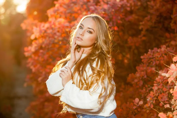Mujer joven sobre un fondo de hojas de otoño rojas y amarillas con hermoso pelo rizado — Foto de Stock