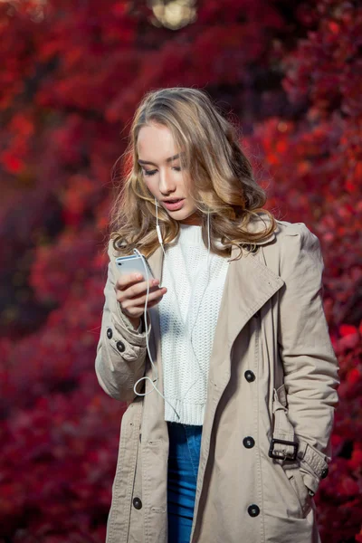 Schoonheid van de jonge vrouw schriftelijk bericht op mobiele telefoon in een herfst park — Stockfoto