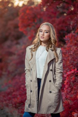 güzel kıvırcık saçlı genç kadın bir arka plan kırmızı ve sarı sonbahar yaprakları