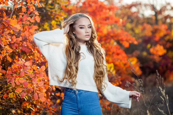 Bella giovane donna con capelli ricci su uno sfondo di foglie autunnali rosse e gialle — Foto Stock