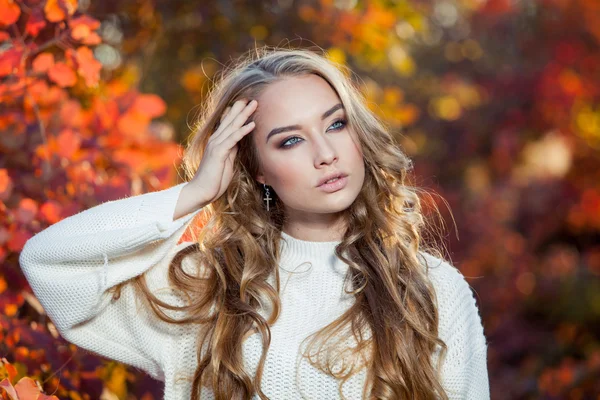 Hermosa joven con el pelo rizado sobre un fondo de hojas de otoño rojas y amarillas — Foto de Stock