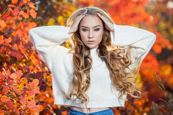 Schöne junge Frau mit lockigem Haar vor einem Hintergrund aus roten und gelben Herbstblättern — Stockfoto