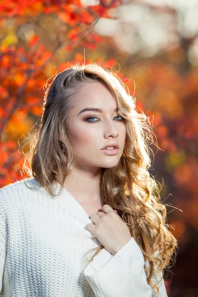 Beautiful young woman with curly hair against a background of red and yellow autumn leaves — Stock Photo, Image