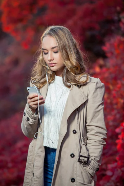 Schoonheid van de jonge vrouw schriftelijk bericht op mobiele telefoon in een herfst park — Stockfoto