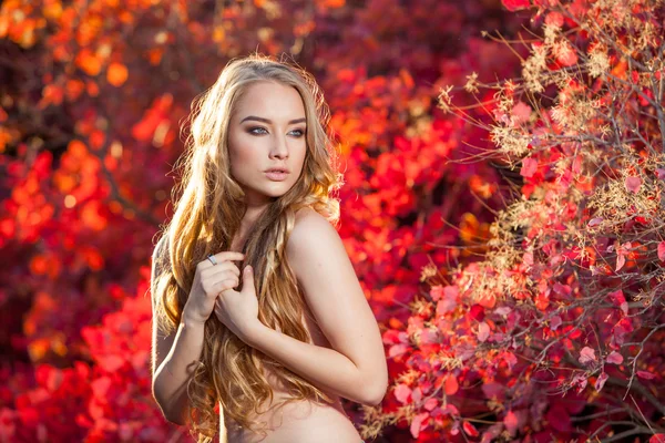Junge Frau auf einem Hintergrund aus roten und gelben Herbstblättern mit schönen lockigen Haaren auf der Brust, keine Kleidung — Stockfoto