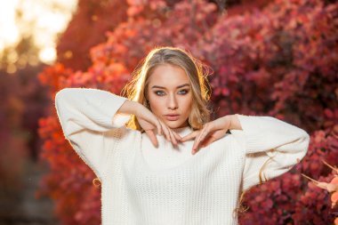 güzel kıvırcık saçlı genç kadın bir arka plan kırmızı ve sarı sonbahar yaprakları