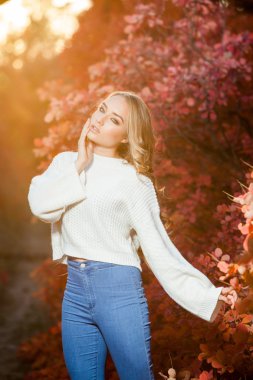 güzel kıvırcık saçlı genç kadın bir arka plan kırmızı ve sarı sonbahar yaprakları