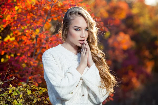 Beautiful young woman with curly hair against a background of red and yellow autumn leaves — Stock Photo, Image