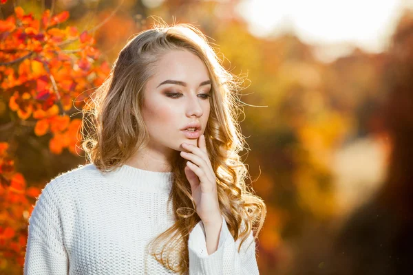 Beautiful young woman with curly hair against a background of red and yellow autumn leaves — Stock Photo, Image