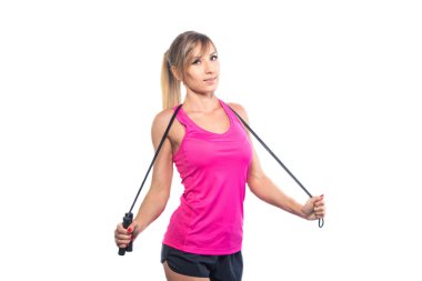 Beyaz arka plan üzerinde izole kadın aerobik ip