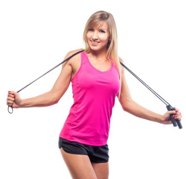 Beyaz arka plan üzerinde izole kadın aerobik ip