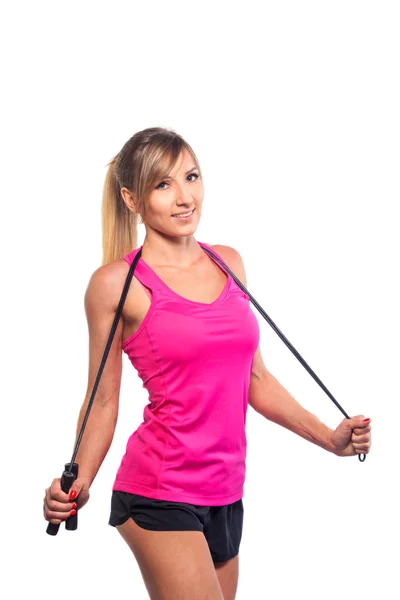 Vrouw aerobics touw geïsoleerd op witte achtergrond — Stockfoto
