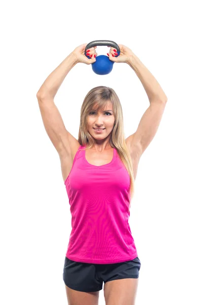 Mujer fitness ejercitando crossfit sosteniendo pesas de pesas bíceps de entrenamiento de fuerza. aislado —  Fotos de Stock