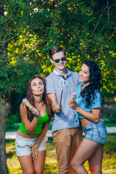 Group of friends taking picture themselves with monopod use smart phone take photograph selfie stick in park — Stock Fotó