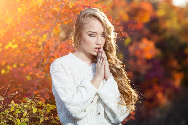 Beautiful young woman with curly hair against a background of red and yellow autumn leaves — Stock Photo, Image