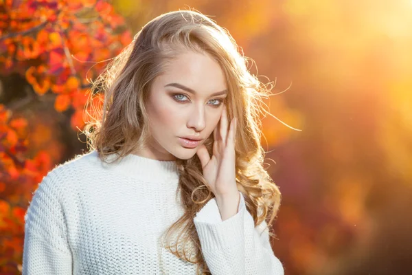 Schöne junge Frau mit lockigem Haar vor einem Hintergrund aus roten und gelben Herbstblättern — Stockfoto