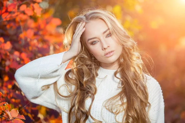 Bela jovem mulher com cabelo encaracolado contra um fundo de folhas de outono vermelhas e amarelas — Fotografia de Stock