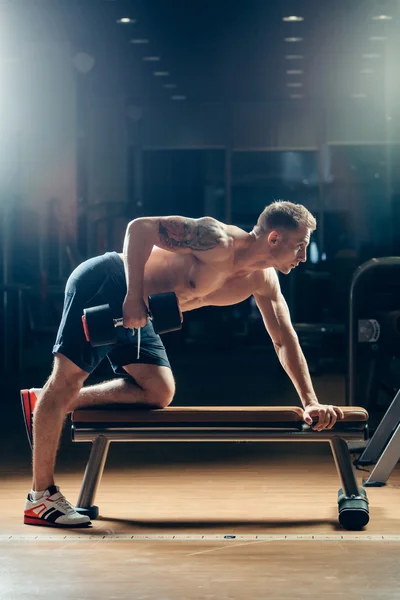 Atleta musculoso culturista entrenamiento de nuevo con mancuerna en el gimnasio —  Fotos de Stock