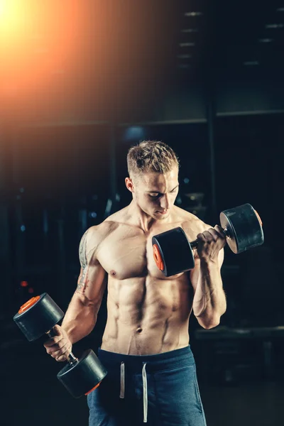 Atleta musculoso culturista entrenamiento de nuevo con mancuerna en el gimnasio —  Fotos de Stock