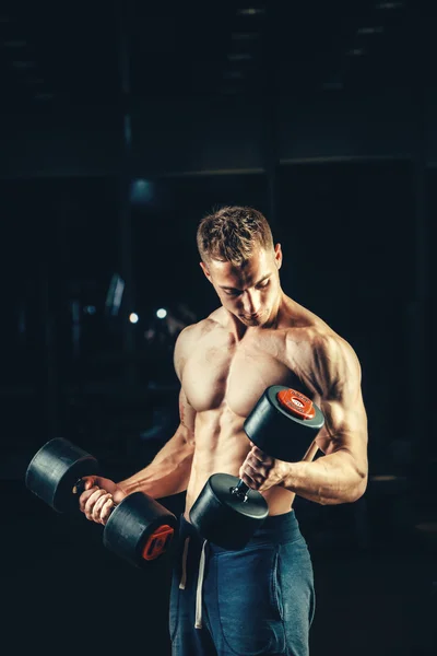 Athlete muscular bodybuilder training back with dumbbell  in the gym — Stock Photo, Image