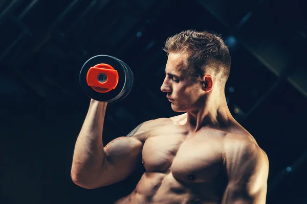 Atleta musculoso culturista entrenamiento de nuevo con mancuerna en el gimnasio — Foto de Stock