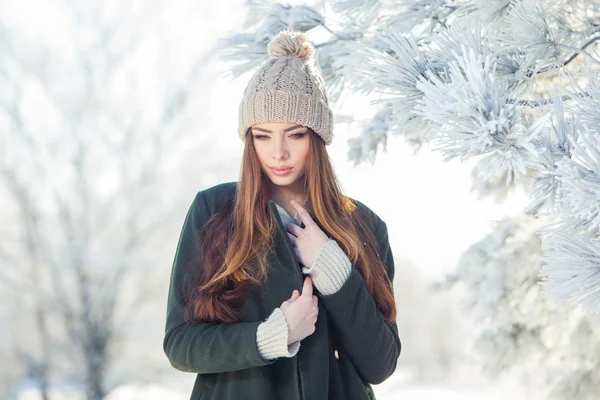 Szép téli a havas tájat, fiatal nő portréja — Stock Fotó