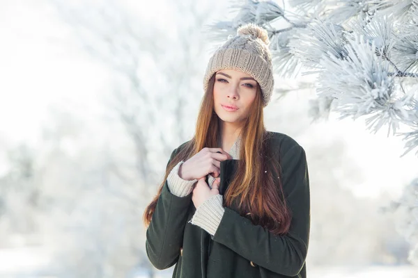 Belo retrato de inverno de mulher jovem no cenário nevado — Fotografia de Stock