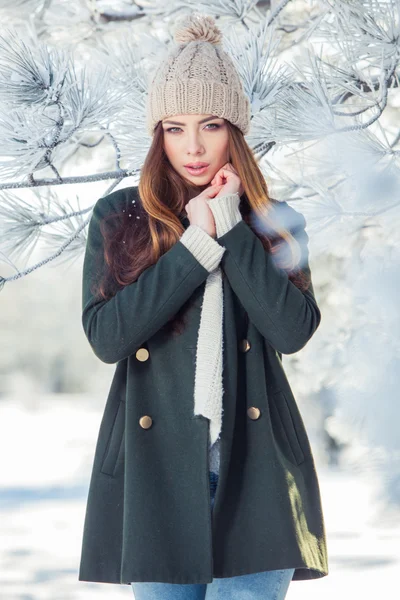 Krásné zimní portrét mladé ženy v zasněžené krajině — Stock fotografie