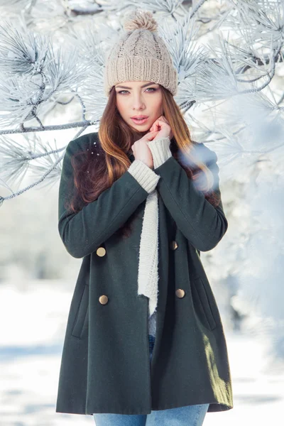 Beautiful winter portrait of young woman in the snowy scenery — Stock Photo, Image