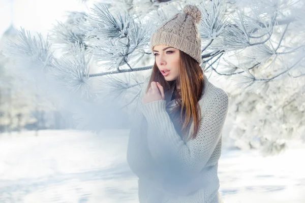 Mooie winter portret van een jonge vrouw in het besneeuwde landschap — Stockfoto