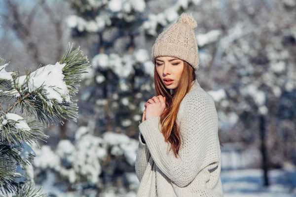 Piękne zimowe portret młodej kobiety w snowy dekoracje — Zdjęcie stockowe