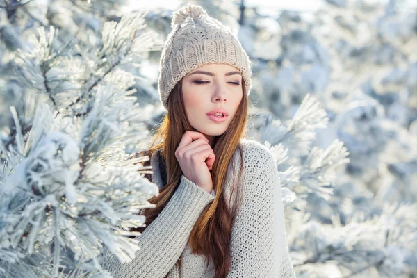 Krásné zimní portrét mladé ženy v zasněžené krajině — Stock fotografie